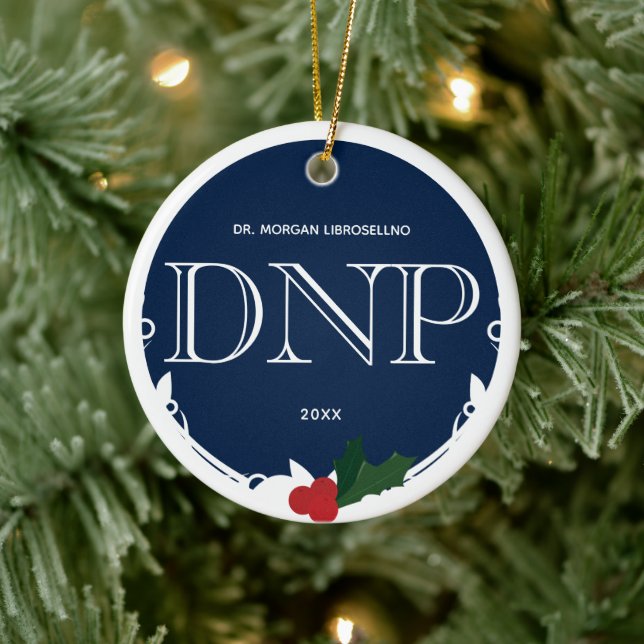 Holly Berry Blue White DNP Graduation Name Year Ceramic Ornament (Tree)