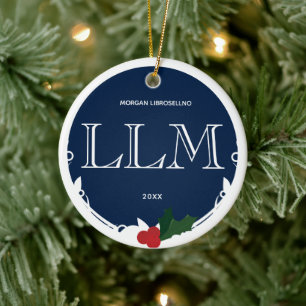 Holly Berry Blue White LLM Graduation Name Year Ceramic Ornament