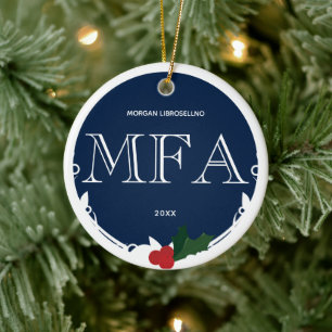 Holly Berry Blue White MFA Graduation Name Year Ceramic Ornament