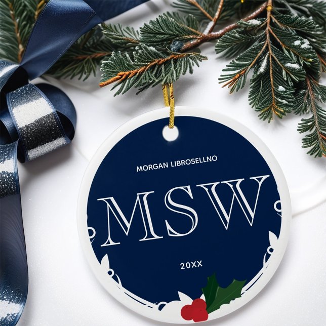Holly Berry Blue White MSW Graduation Name Year Ceramic Ornament (Get this MSW graduation ornament for the holidays.)