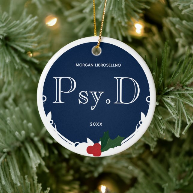 Holly Berry Blue White Name Year Psy.D Graduation Ceramic Ornament (Tree)