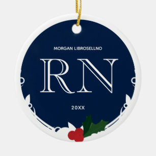 Holly Berry Blue White RN Nurse Ceramic Ornament