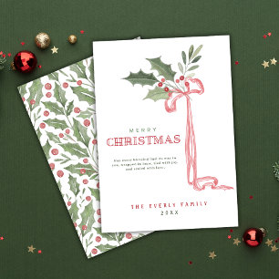 Holly Berry Bow Merry Christmas Holiday Card