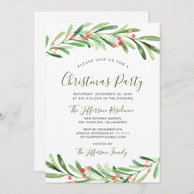 Holly Berry Branch Watercolor Christmas Party Invitation (Front/Back)