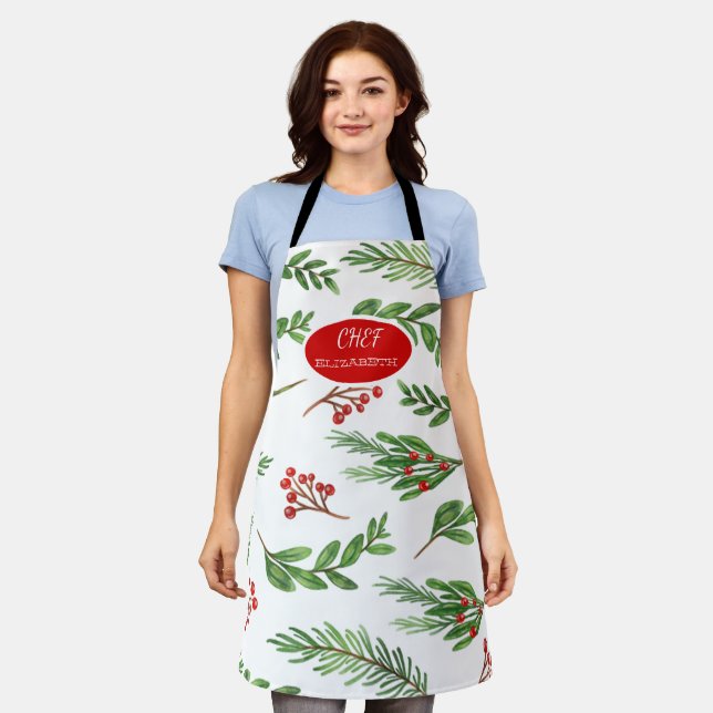 Holly Berry Branches Holiday Apron (Worn)