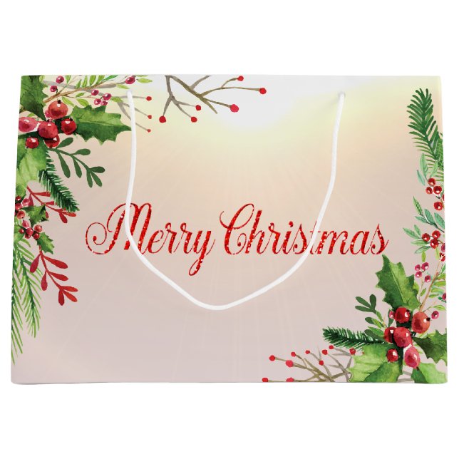 Holly Berry Branches Holiday Large Gift Bag (Front)