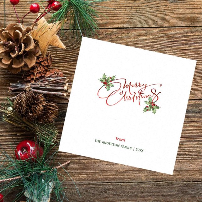 Holly Berry Calligraphy Ink Snow Merry Christmas Napkin (Creator Uploaded)