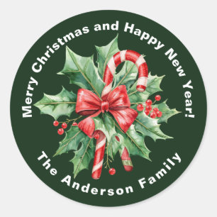 Holly Berry Candy Cane Christmas Custom text Classic Round Sticker
