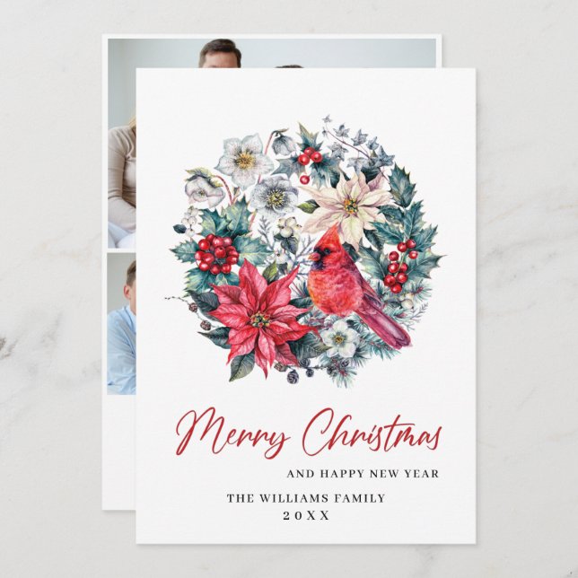 Holly Berry Cardinal Christmas 3 PHOTO Greeting Holiday Card (Front/Back)