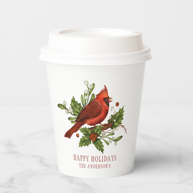 Holly Berry Cardinal Holiday Monogram Mistletoe Paper Cups (Front)