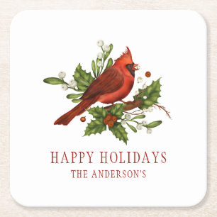 Holly Berry Cardinal Holiday Monogram Mistletoe Square Paper Coaster