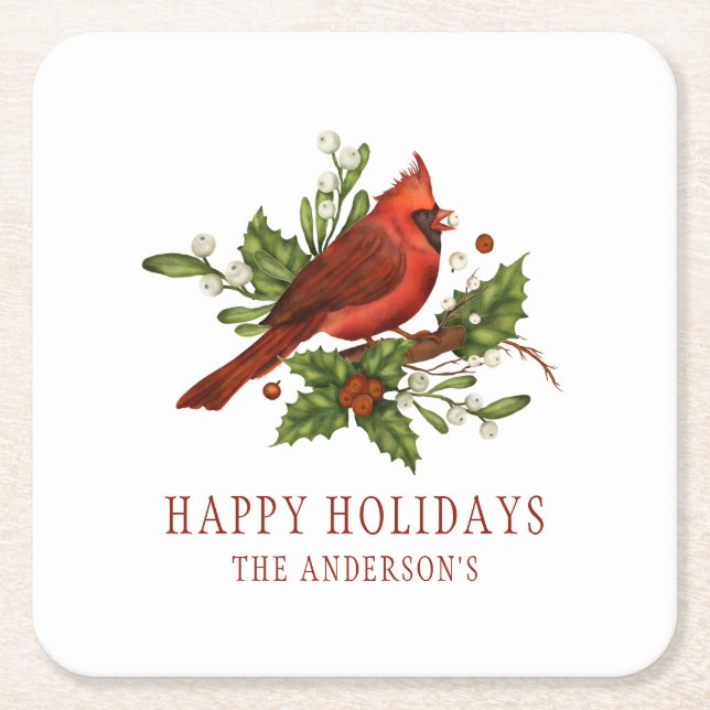 Holly Berry Cardinal Holiday Monogram Mistletoe Square Paper Coaster (Front)