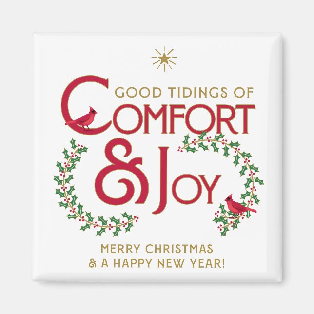 Holly Berry Cardinals Comfort Joy Merry Christmas Magnet (Front)