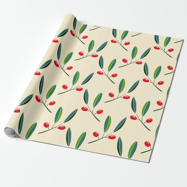 Holly Berry Christmas Art One Little Christmas Tre Wrapping Paper (Unrolled)