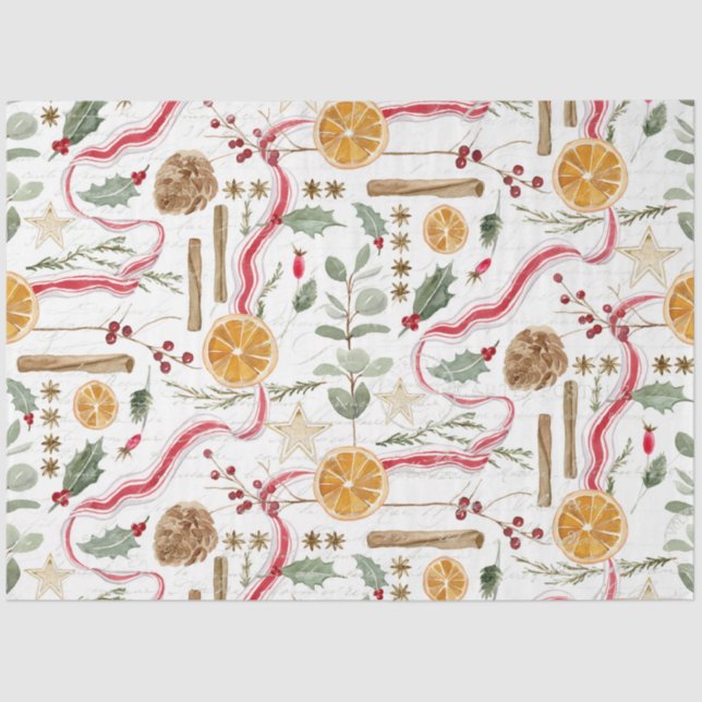 Holly Berry Christmas Cinnamon Oranges Decoupage Tissue Paper (Front)