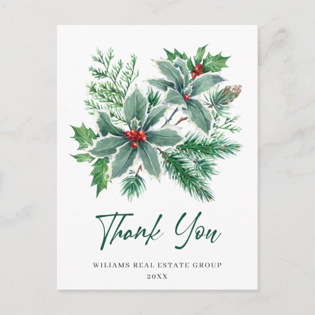Holly Berry Christmas Holiday Thank You Postcard (Front)