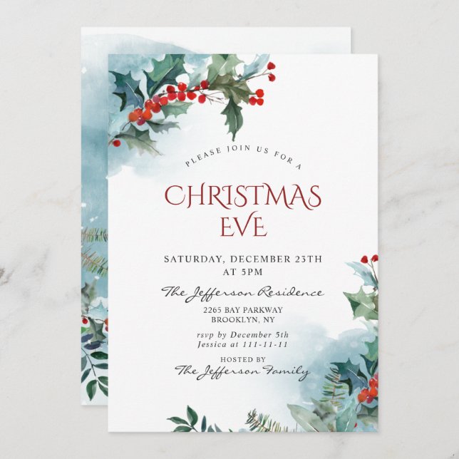 Holly Berry Christmas Mistletoe Holiday EVE Invitation (Front/Back)
