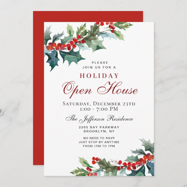 Holly Berry Christmas Mistletoe Holiday OPEN HOUSE Invitation (Front/Back)