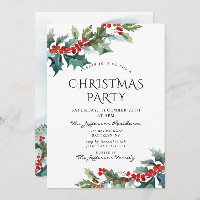 Holly Berry Christmas Mistletoe Holiday Party Invitation (Front/Back)