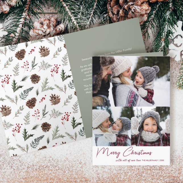 Holly Berry Christmas Modern Three Photo Holiday Card (Creator Uploaded)
