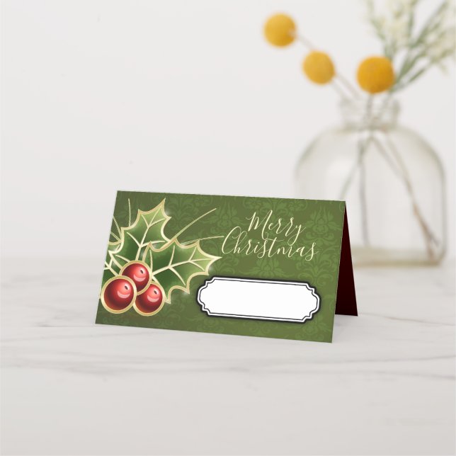 Holly Berry Christmas Party Personalised Green Place Card (Front)