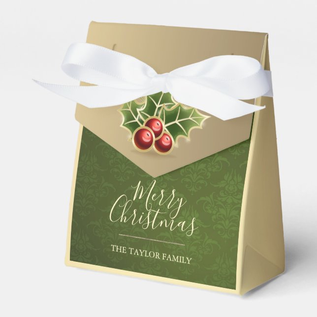 Holly Berry Christmas Personalised Green Damask Favour Box (Front Side)