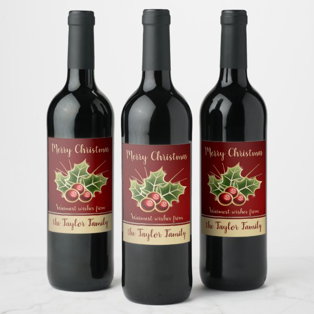 Holly Berry Christmas Personalised Red Wine Label (Bottles)