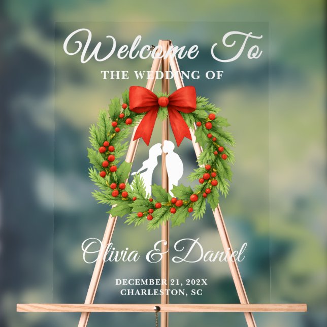 Holly Berry Christmas Wreath Wedding Welcome Acrylic Sign (Neutral)