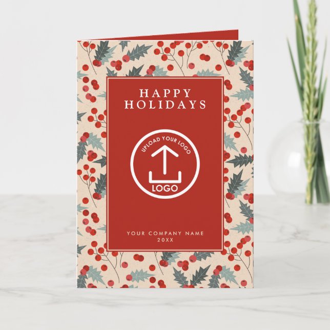 Holly Berry Corporate Business QR Code Christmas Holiday Card (Front)