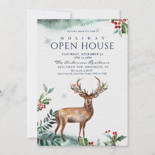Holly Berry Deer Christmas Holiday Open House Invitation