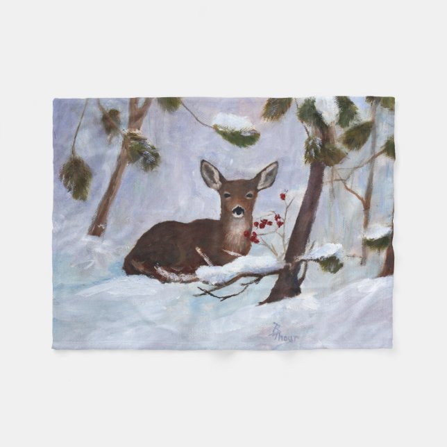 Holly Berry Deer Fleece Blanket (Front (Horizontal))
