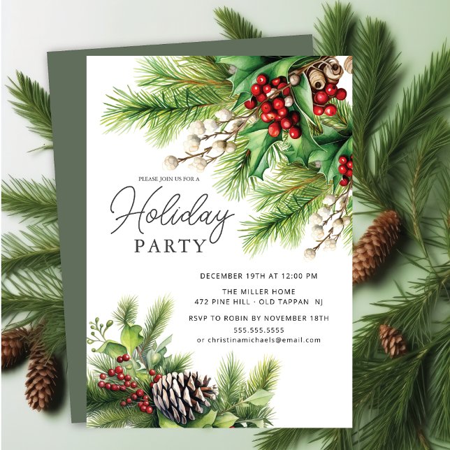 Holly Berry Evergreen Holiday Party Invitation (Creator Uploaded)