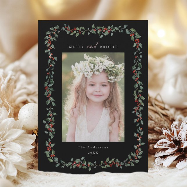 Holly Berry Frame Merry & Bright Photo Black Holiday Card (Creator Uploaded)