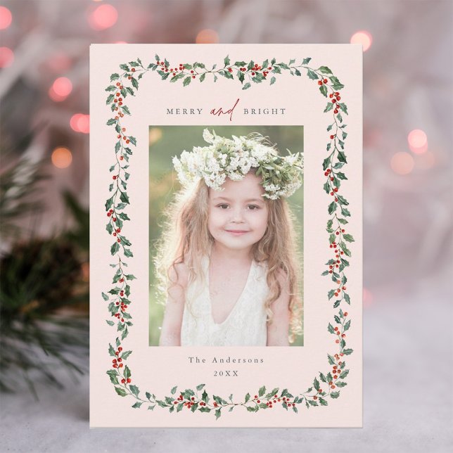 Holly Berry Frame Merry & Bright Photo Blush Pink Holiday Card (Creator Uploaded)
