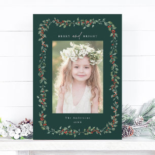 Holly Berry Frame Merry & Bright Photo Green Holiday Card