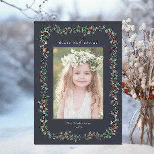Holly Berry Frame Merry & Bright Photo Navy Holiday Card