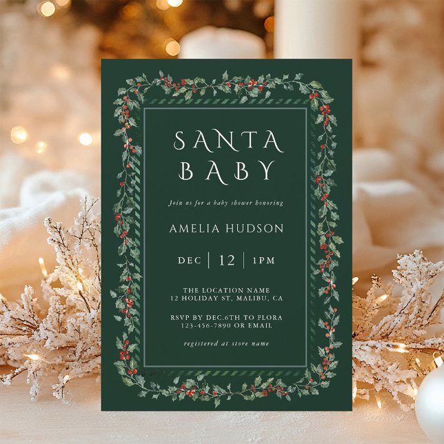 Holly Berry Frame Santa Baby Shower Forest Green  Invitation (Creator Uploaded)