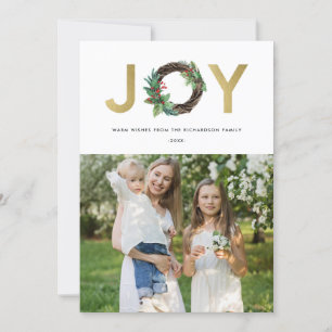HOLLY BERRY GOLD GREEN JOY WREATH CHRISTMAS PHOTO HOLIDAY CARD