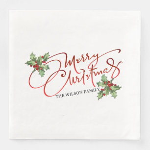 Holly Berry Gradient Red Script Merry Christmas Napkin