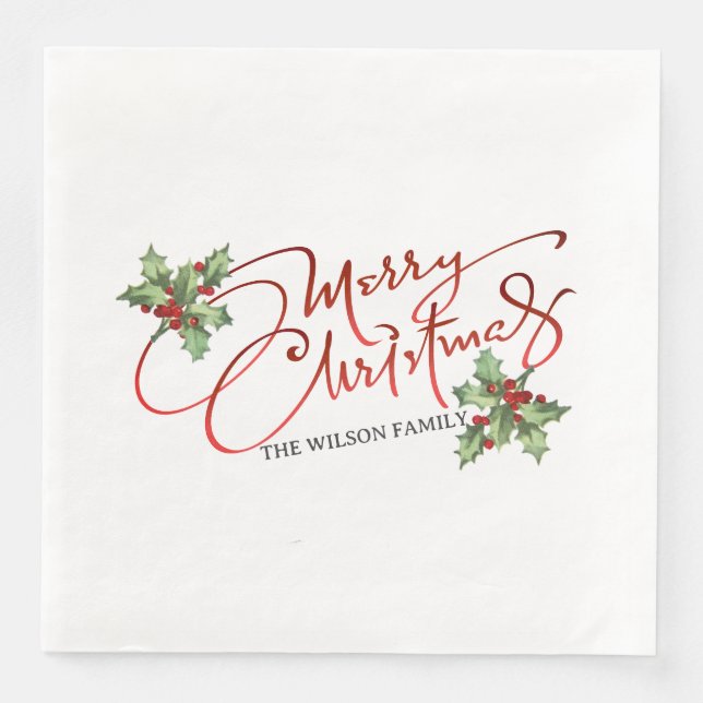 Holly Berry Gradient Red Script Merry Christmas  Napkin (Front)