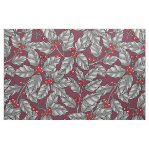 Holly berry, gray leaves on dark red fabric