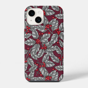 Holly berry, gray leaves on dark red iPhone 14 case