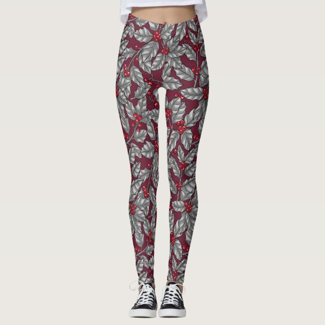 Holly berry, gray leaves on dark red leggings (Front)