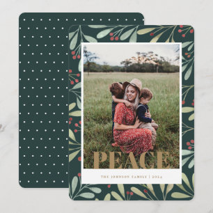 Holly Berry Green Gold Peace Christmas Photo Card