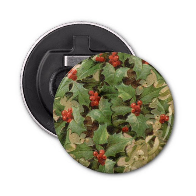 Holly Berry Greenery Christmas Holiday Vintage Bottle Opener (Front)