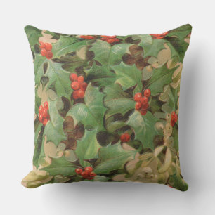 Holly Berry Greenery Christmas Holiday Vintage Cushion
