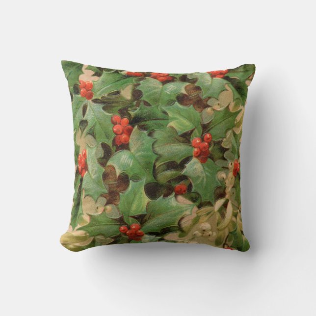 Holly Berry Greenery Christmas Holiday Vintage Cushion (Front)