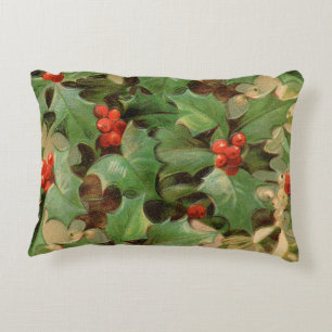 Holly Berry Greenery Christmas Holiday Vintage Decorative Cushion