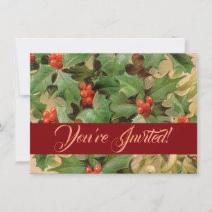 Holly Berry Greenery Christmas Holiday Vintage Invitation