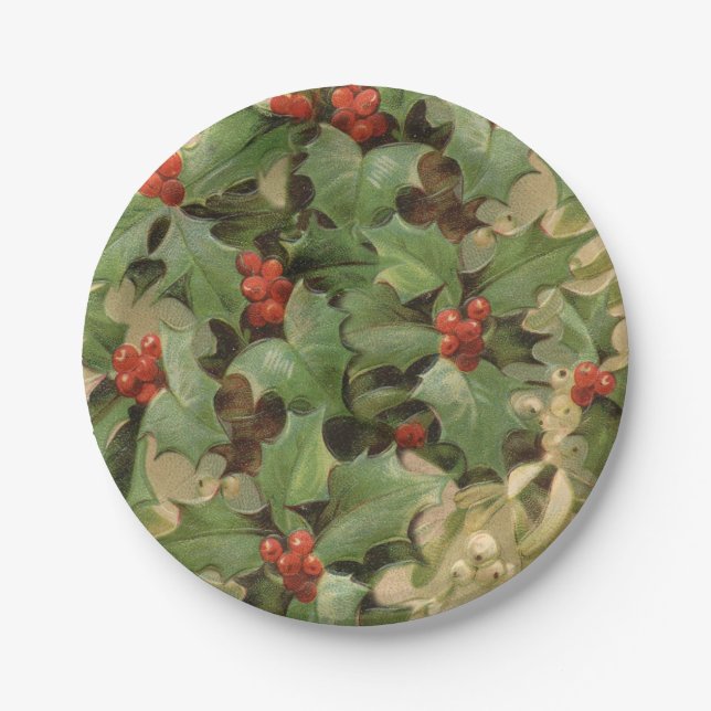 Holly Berry Greenery Christmas Holiday Vintage Paper Plate (Front)